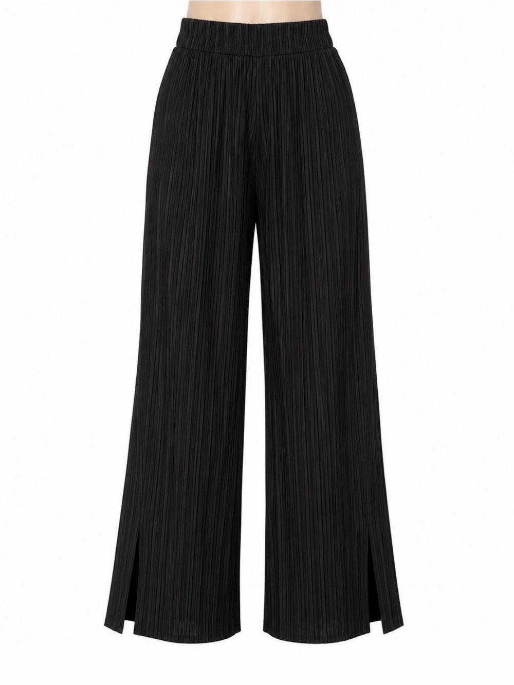 Commense Black Wide-Leg Pleated Pants with Ankle Slits